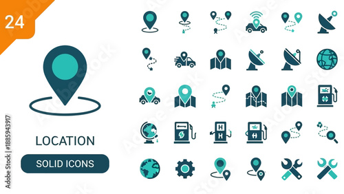 Collection of icons representing location, navigation, and various professional tools in a grid layout, viewed from directly above