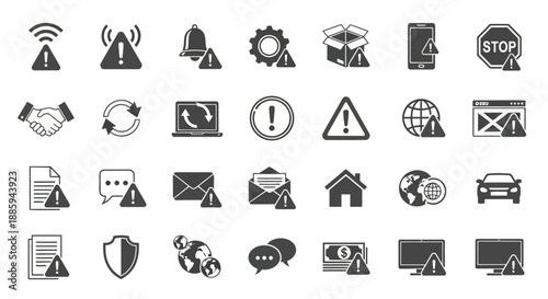 Collection of various monochrome icons representing different warning signs and symbols displayed on a clean white background from a straightforward viewpoint