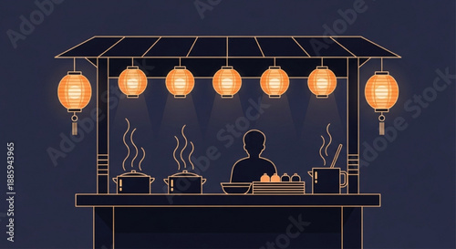 Flat Vector Illustration of a Traditional Japanese Ramen Stall at Night with Glowing Lantern