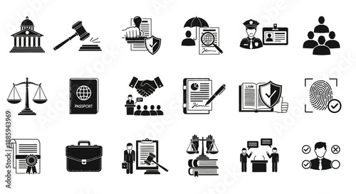 Collection of icons representing law, justice, and governance concepts in a grid layout, viewed from directly above