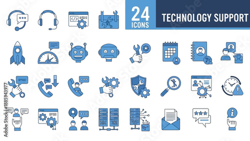 Collection of technology support icons in various styles and formats, including eps files like make me icons, displayed on a clean background from a straightforward viewpoint
