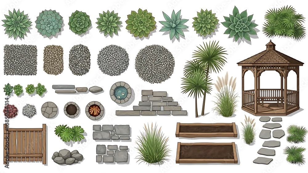 Fototapeta premium Garden elements collection featuring plants and structures isolated on white background
