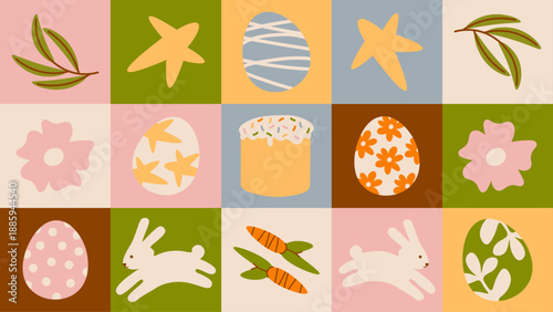 Highly detailed Easter postal stamp or stickers in frame packed with eggs, bunnies, flowers and symbols. Dense vintage composition, festive spring mail vibe.