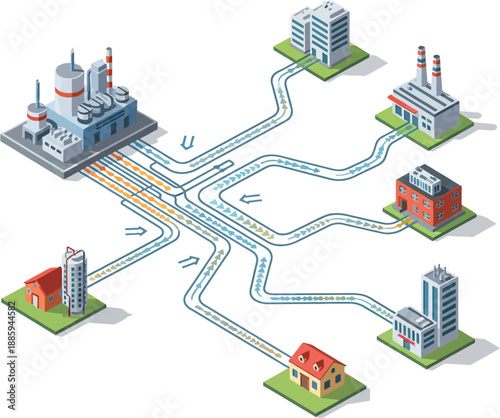 Gas Distribution Network Vector Illustration of Urban and Industrial Pipeline Infrastructure Connecting Facilities and Buildings in Energy Supply System