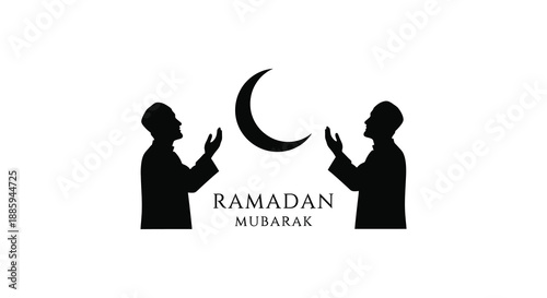 Ramadan mubarak greeting with two praying figures and a crescent moon silhouette