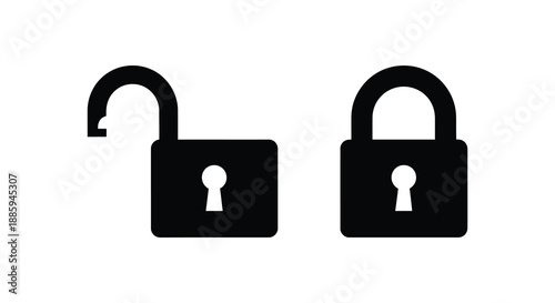 Two black lock icons one open and one closed depicted in a bold silhouette