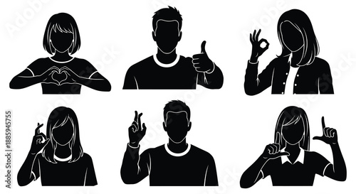 Diverse group of people expressing various gestures and signs in black silhouette