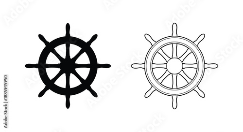 Two nautical ship wheels one solid and one outlined a black silhouette