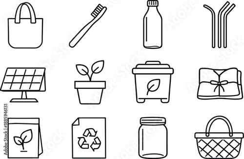 Line style vector icons of Eco products: reusable bag, bamboo toothbrush, glass bottle, metal straw; solar panel