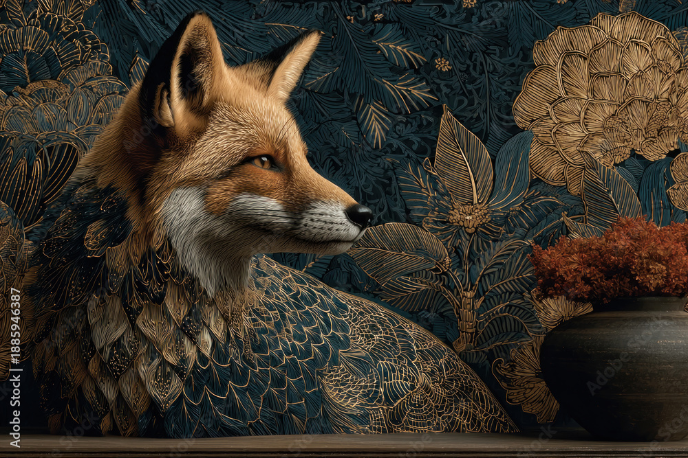 Fototapeta premium An artistic portrait of a fox in profile, executed in an exquisite decorative style with fine graphics and ornamental patterns. 