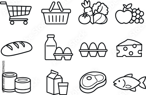 Line style of Food shopping vector icons: shopping cart, basket, vegetables, fruits; bread, milk, eggs, cheese;
