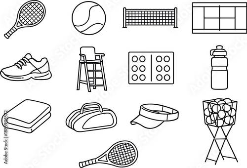 Line style icons of Tennis match: tennis racket, tennis ball, net, court; shoes, umpire chair, score board,
