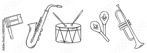 musical instruments, saxophone, trumpet, ratchet, drum, maracas, Mardi gras, simple black and white icon, doodle and sketch style