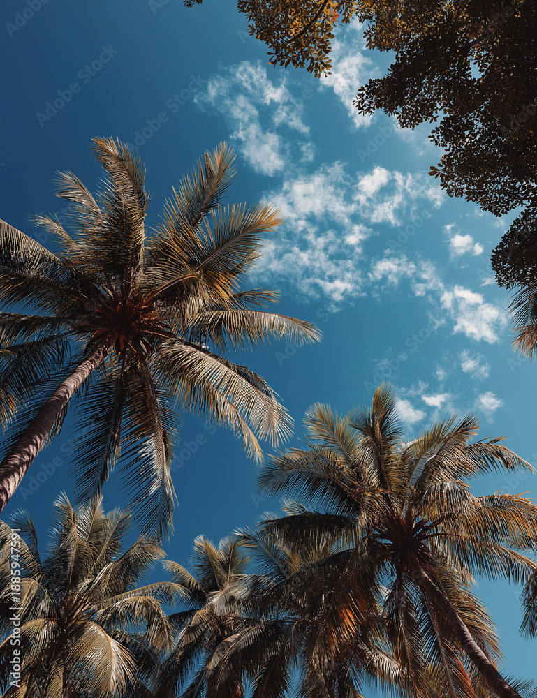 Naklejka premium Tropical palm trees against blue sky with white clouds