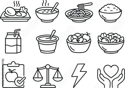  Line style vector icons of Kids meal: hot lunch, soup bowl, pasta plate, rice bowl; milk carton, yogurt cup,