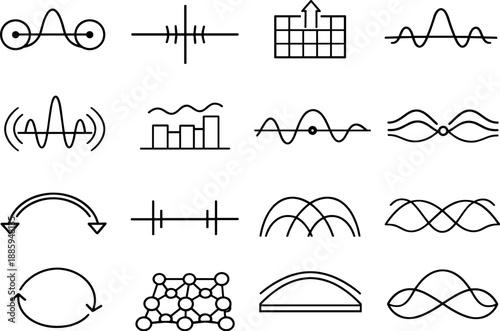 Line style vector icons of movement through boundaries: resonance node, timing line, timing line, feedback tile,