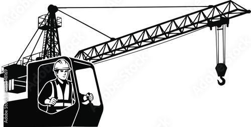 Crane operator silhouette black vector, isolated on white
