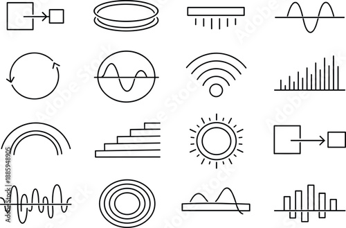 Image Generation. Line style vector icons of project planning workflow budgeting: transition tile, resonance band, phase bar,