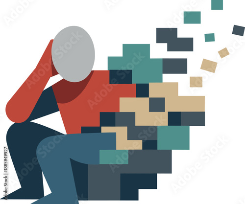 Abstract geometric human figure appears partially merged with stepped forms as blocks fragment representing cognitive overload
