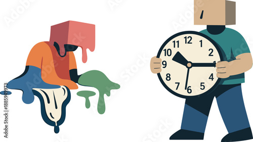 Second abstract geometric figure enters holding rigid intact clock while surrounding shapes continue melting showing early