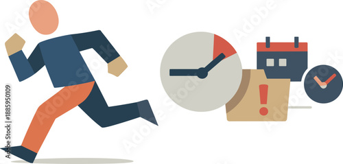 Abstract geometric human figure runs forward while floating deadline markers chase from behind expressing virtual deadlines