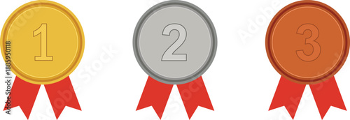 Gold silver bronze medals with red ribbons numbered one two three gold medal silver medal first place