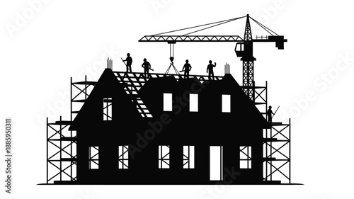 a black silhouette of a construction site with a building and crane