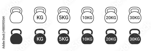 Kettlebell Weight Icon Set. Gym Workout and Fitness Symbols. Strength Training Equipment Collection, Vector Illustration.