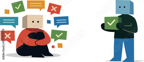 Abstract AI Interaction. Second abstract geometric figure appears holding one filtered suggestion block while first remains