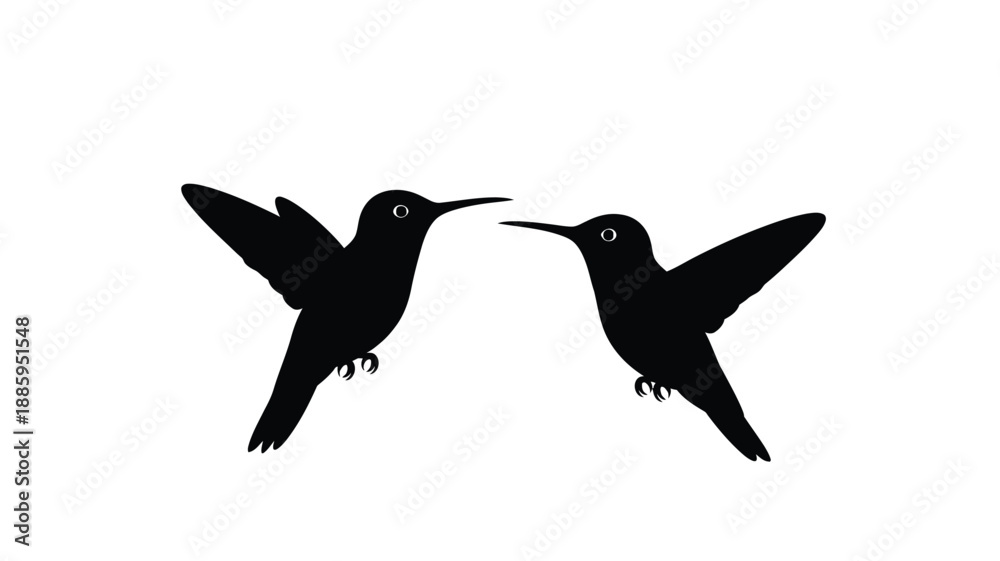 Obraz premium two hummingbird silhouettes facing each other against a stark white background