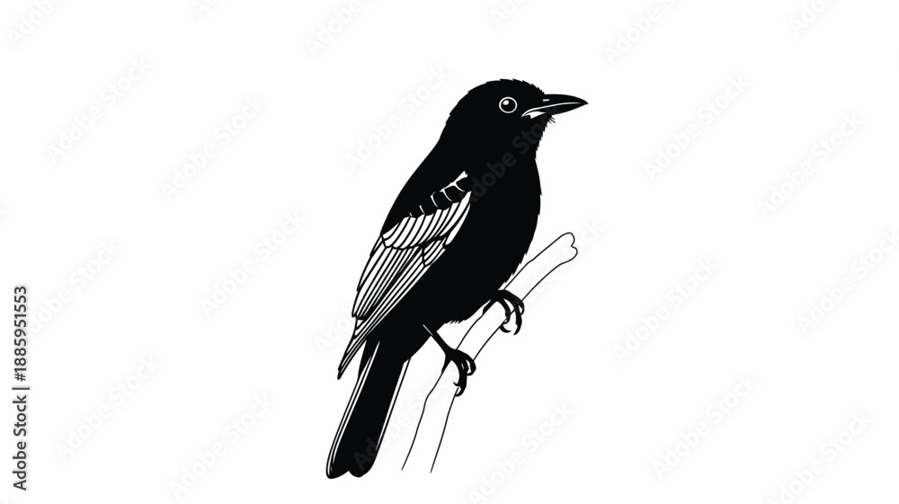 Fototapeta premium a detailed black bird perched on a branch depicted as a silhouette