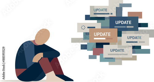 Abstract geometric human figure surrounded by continuously appearing update blocks suggesting digital chaos from constant updates