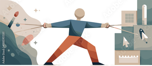 Single abstract geometric figure pulled between open creative space and rigid tool blocks revealing tension and dependency in