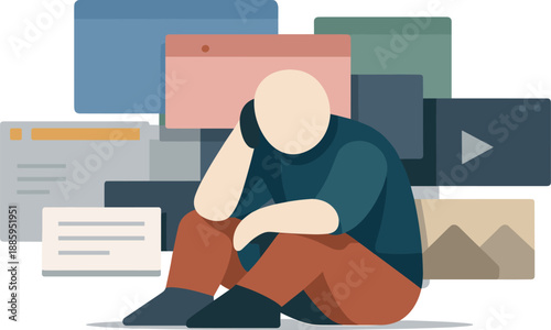 Abstract geometric human figure surrounded by overlapping window-like blocks suggesting digital workspace overstimulation in