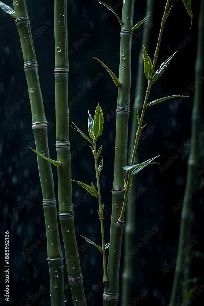 Obraz premium Elegant Bamboo Stems in Rain Symbolizing Growth and Harmony
