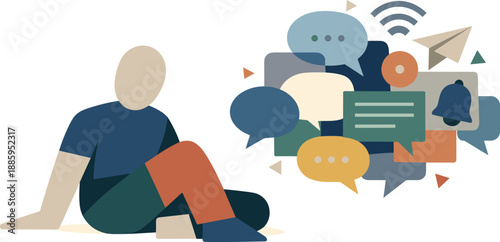 Abstract geometric human figure surrounded by overlapping message blocks and signal shapes suggesting digital chaos of modern