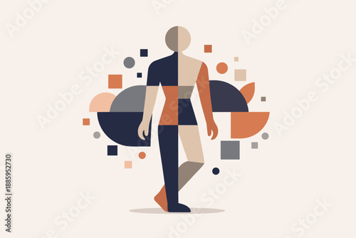 Abstract geometric human figure partially integrates with the opposing clusters becoming simplified structured form suggesting