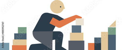 Single abstract geometric human figure arranges multiple structural blocks into coherent sequence revealing emerging patterns and