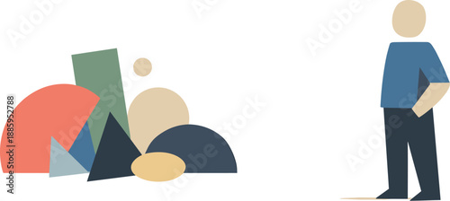 Abstract geometric human figure stands apart from clustered abstract shapes suggesting insight arising from distance in isolated