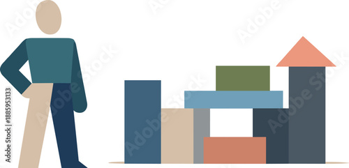 Abstract geometric human figure stands beside aligned structural blocks suggesting reasoning guided by structure in isolated