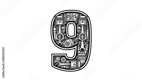 Mechanical Number 9 Engine Parts Design.
