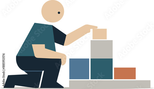 Single abstract geometric human figure aligns remaining blocks into minimal structured arrangement revealing clarity, focus, and