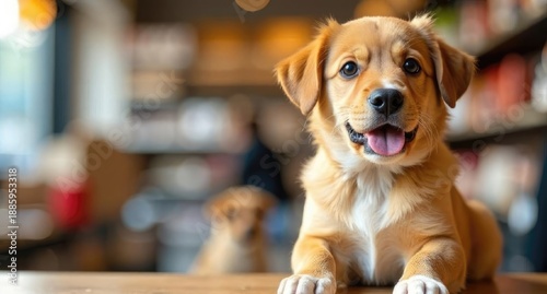 Adorable Golden Retriever puppy, dual-purpose banner for pet business. Veterinary clinic promotion and pet store advertising on light backdrop. copy space, free space for text