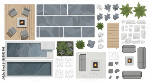 Flat Vector Top View Nordic Minimalist Landscape Set Featuring Birch Decking and Slate Pavers