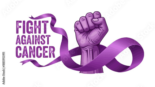 Empowering cancer awareness with a raised fist and purple ribbon