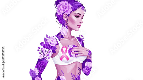 Woman with purple flowers and pink ribbon for breast cancer awareness