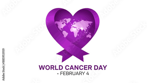 World Cancer Day awareness with purple heart and globe