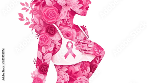 Pink floral silhouette of woman with breast cancer awareness ribbon