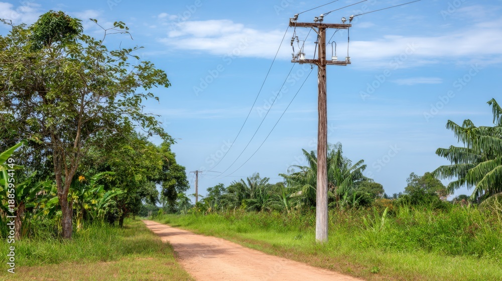 Obraz premium Rural pathway with electric poles under blue sky, surrounded by greenery and trees in a tranquil countryside setting, creating a serene landscape