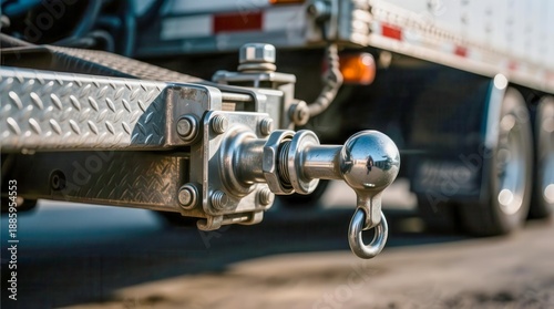 Close-up of a shiny metal trailer hitch attached to a truck. The hitch is designed for towing and is mounted on a textured metallic surface.